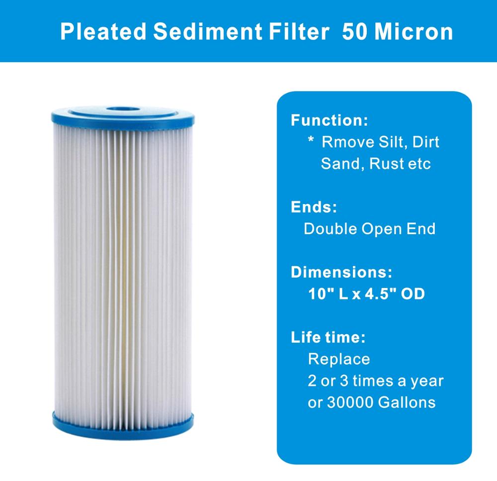 2 PACK OF 50 μm Pleated Water Filter Home 10"x4.5" Whole House Sediment Replacement Cartridge