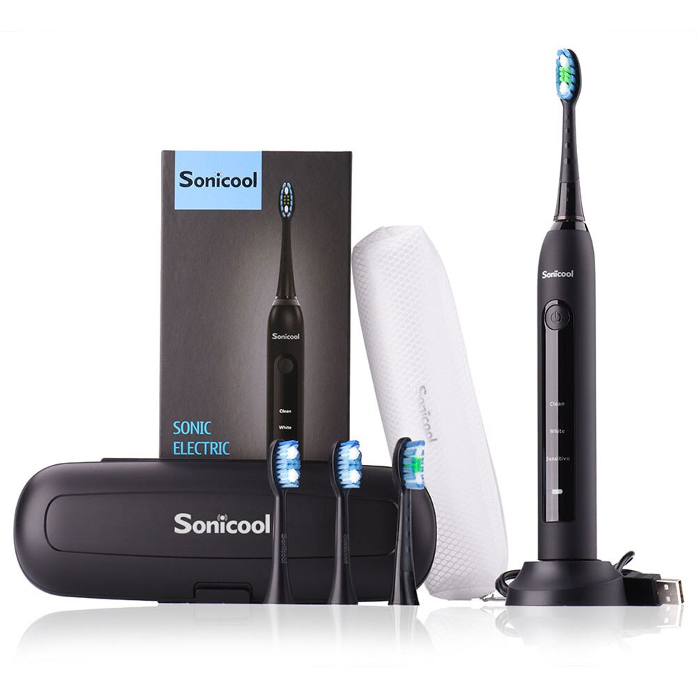 Sonicool 051B Ultrasonic Sonic Electric Toothbrush USB Rechargeable Tooth Brushes With 4 Pcs DuPont Brush Heads Tooth Cleaning: Black