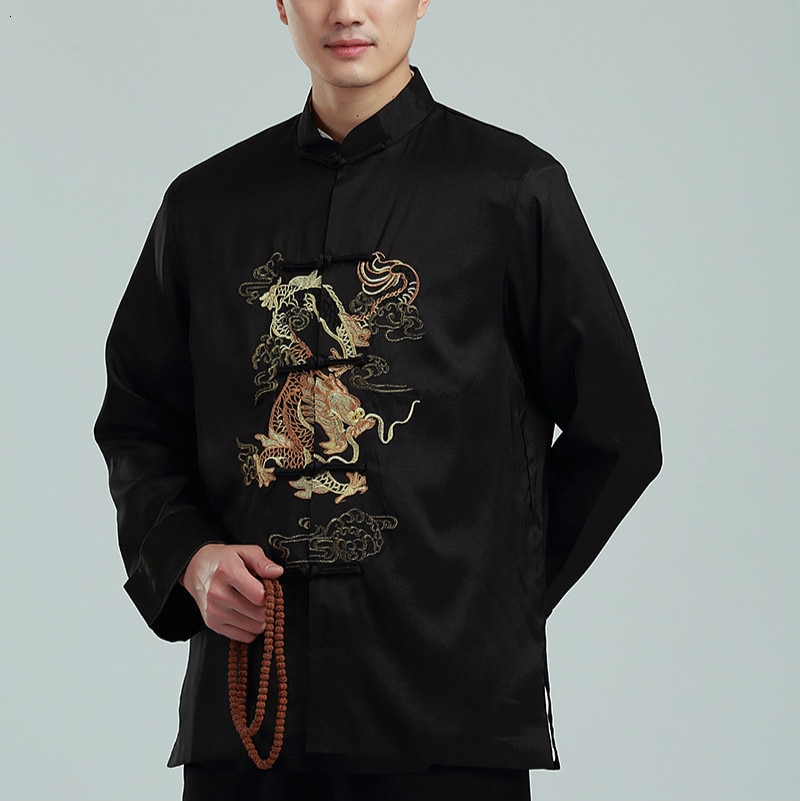 Chaqueta de dragón bordada de estilo chino tradicional para hombre, Hanfu, blusa, traje Tang, camisas de kungfú, Tops, chaqueta