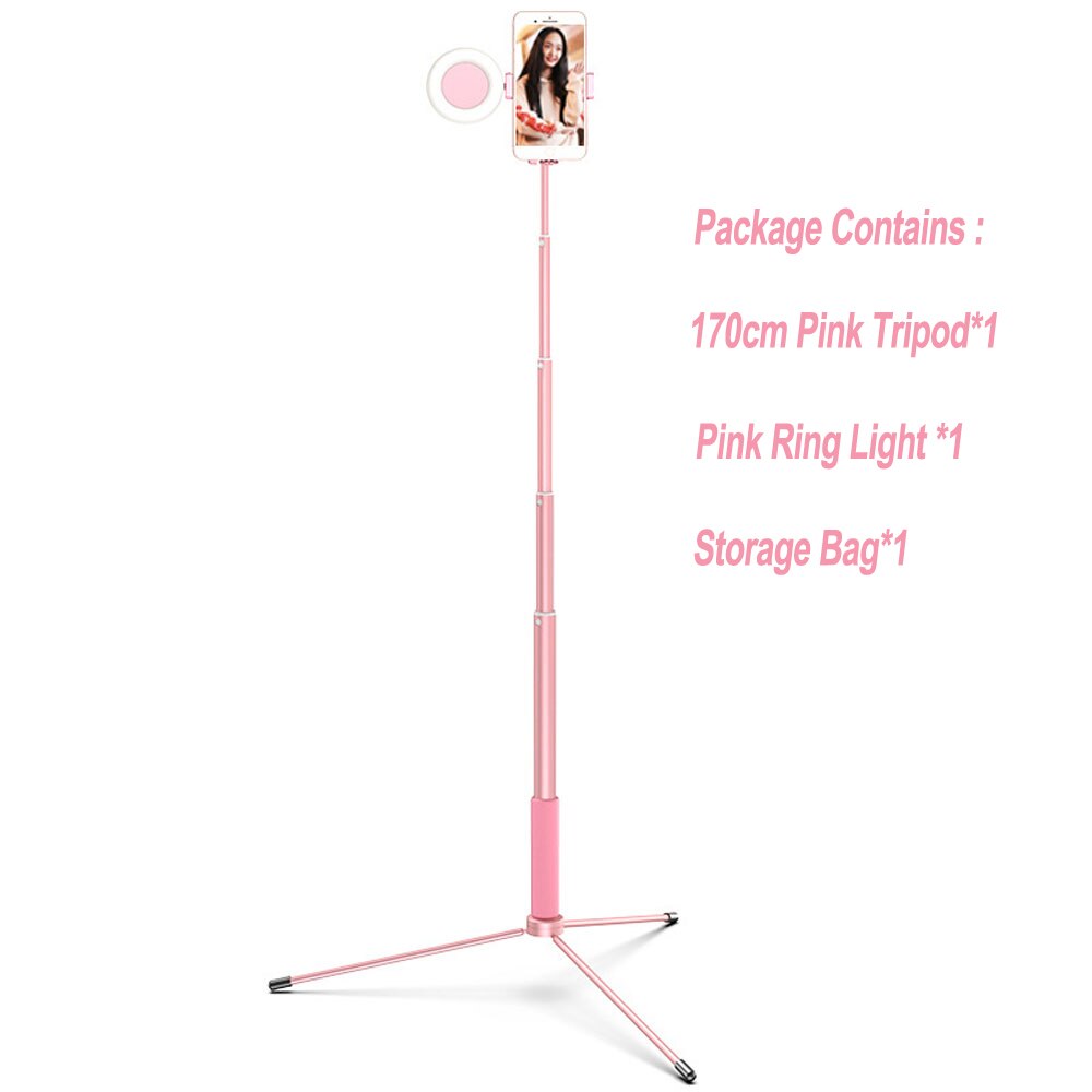 Support de bâton de Selfie ultra-léger de 170CM avec la Mini lumière d'anneau pour des accessoires de téléphone support de photographie en direct de trépied pliable NE070: Pink Tripod 1 Light