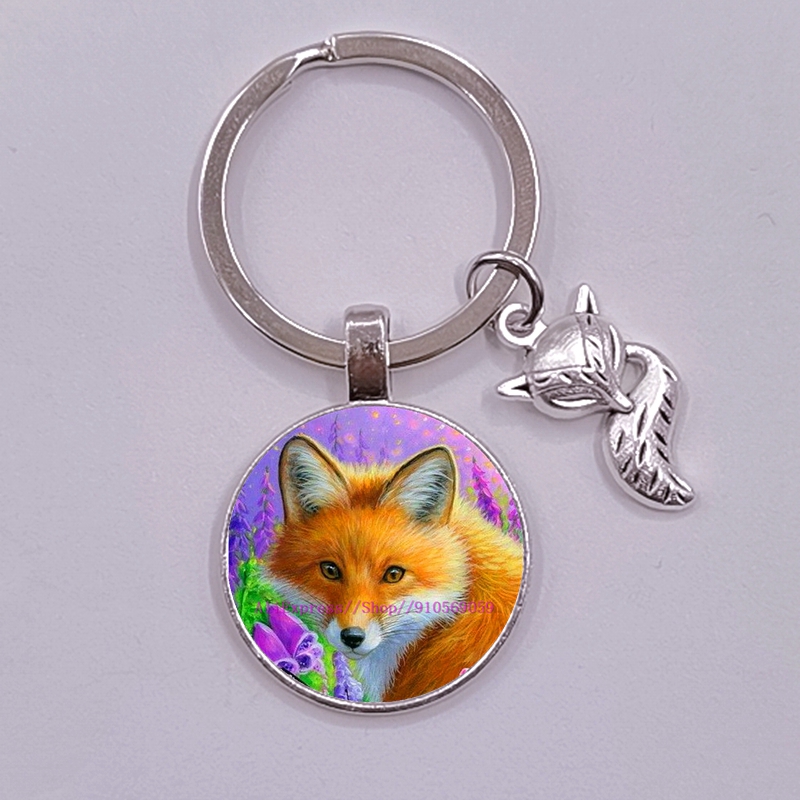 Porte-clés en verre, renard et fleur de dessin animé pour femmes, joli Animal coloré pour filles
