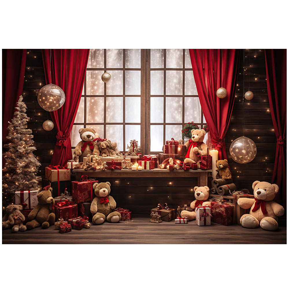 Mocsicka-cortinas rojas de fondo de Navidad, ventana, oso, Caja de , piso de madera, bebé, niño, fotografía, accesorios de estudio fotográfico