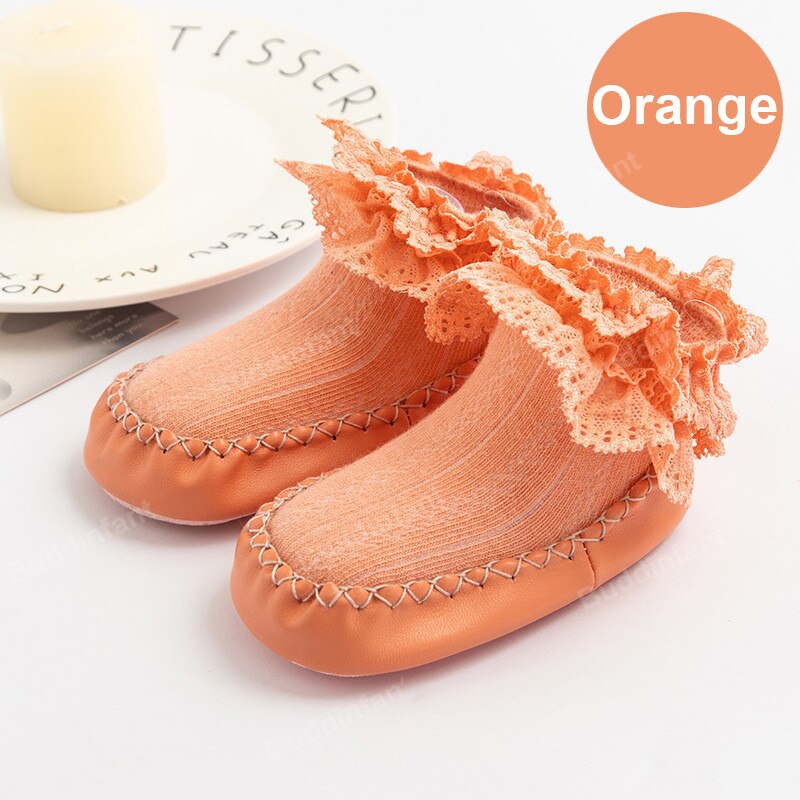 Sokken Meisje Kant Ruche Sokken Met Rubberen Zolen Voor Peuters Rubberen Zool Sokken Prinses Baby Sok Schoen slipper: orange / Insole 11.5cm