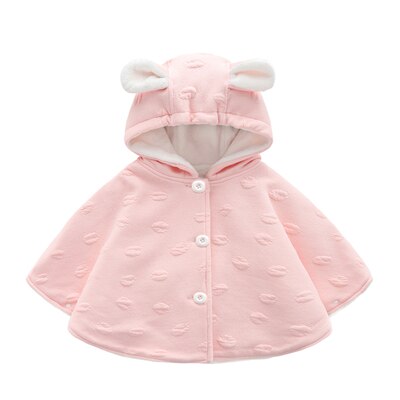 Korean Baby Winter Hooded Jacket Little Girl Solid Velvet Warm Ponchos and Capes Casual Rabbit Ear Children Outerwear Cloak Coat: Pink / 24M