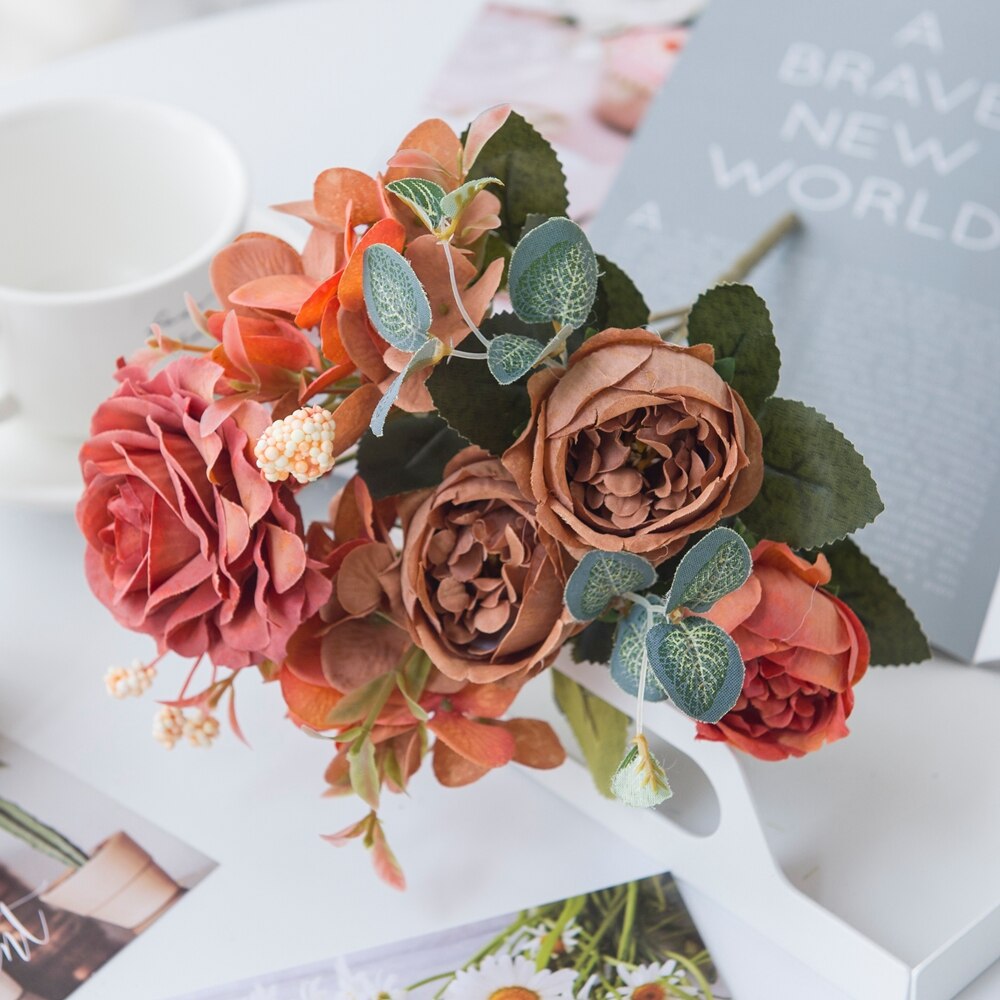 5 buntar rosa pionbukett konstgjorda blommor heminredningstillbehör bordsdukning bröllop dekorativ blomma: Orange