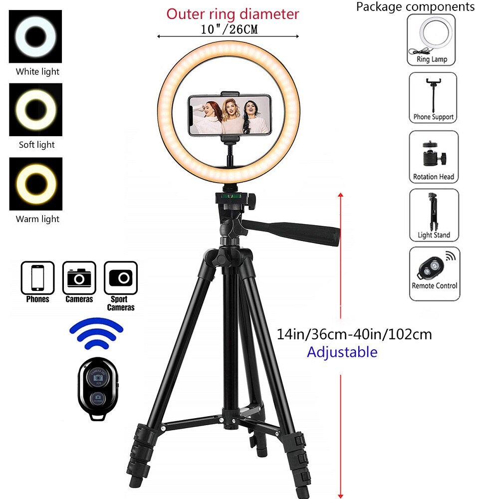 26cm led selfie anel luz trepied pode ser escurecido lâmpada suporte do telefone tiktok círculo luz de preenchimento maquiagem fotografia ringlight tripé: Cinza escuro