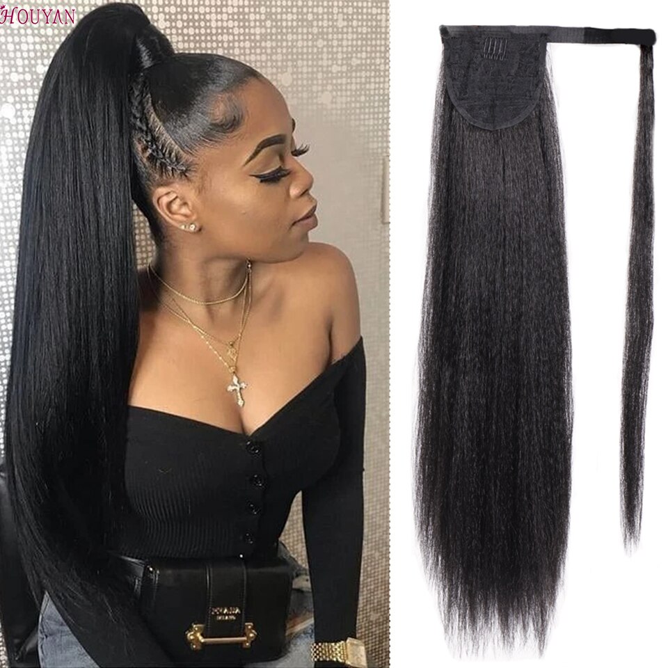 Houyan Lijmloze Trekkoord Synthetische Lange Afro Kinky Rechte Paardenstaart Uitbreiding Voor Zwarte Vrouwen Clip In Paardenstaart Hair Extension