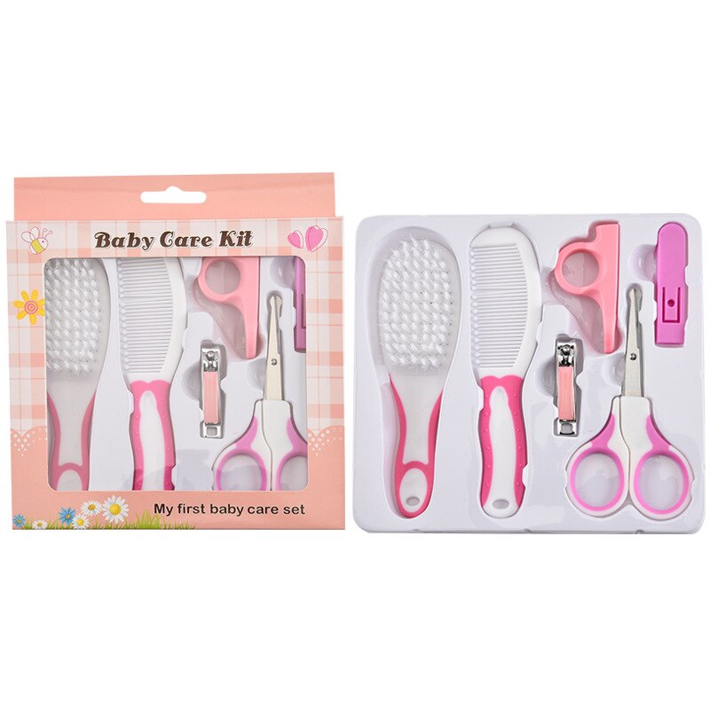 6 stk / sæt baby negleplejedragt spædbarn hårbørster kit abs negletrimmer saks værktøj hårbørste kam babypleje dagligt plejesæt: Lyserød