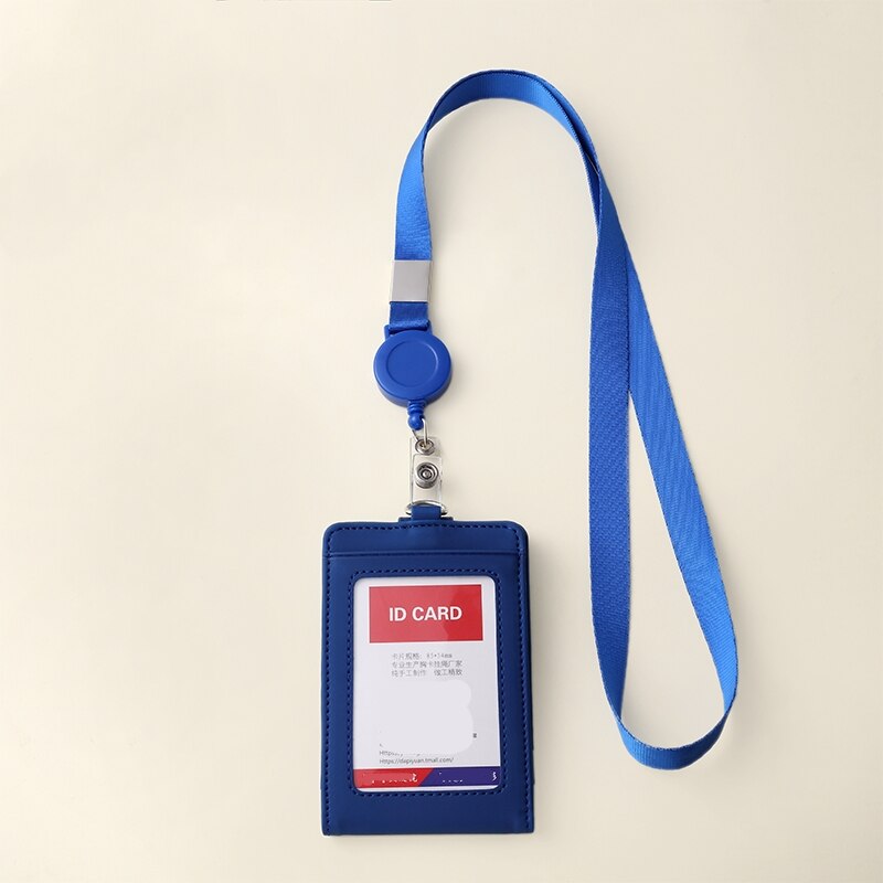 1pc Retractable Badge Lanyard Work Name Business Card Cover Card Holder PU Leather Card Wallet: Blue