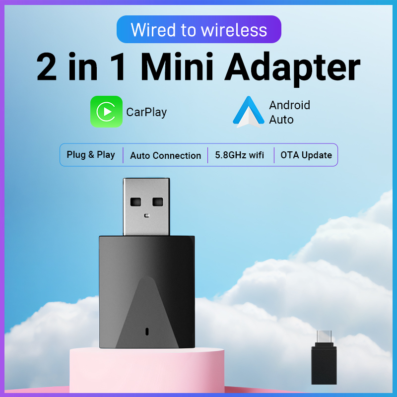 2025New Bedraad naar Draadloze Carplay Android Auto 2in1 Mini Adapter Dongle Auto Connect Plug & Play Bluetooth WiFi Universele mini Box