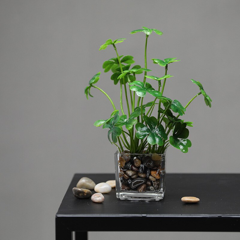 Erxiaobao kunstige planter med glaspotte simulation bonsai potteplanter placeret grønne firkløver hjemmebord vinduer dekoration: Firkløver