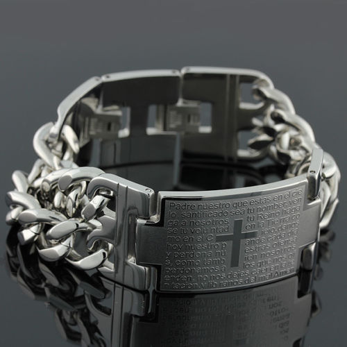 Granny Chic Verkoop Mannen Rvs 23 Mm Brede Dubbele Curb Cubaanse Link Chain Armband Sieraden: Silver Cross ID