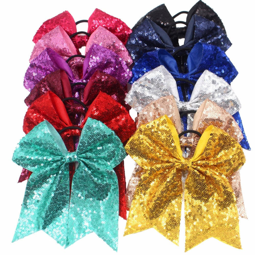 12 stks 7.5 &quot;Bling Sparkly Glitter Pailletten Pigtail Bows voor kid Meisjes Grote cheerleading bows Paardenstaart Houder Elastische Haar ties
