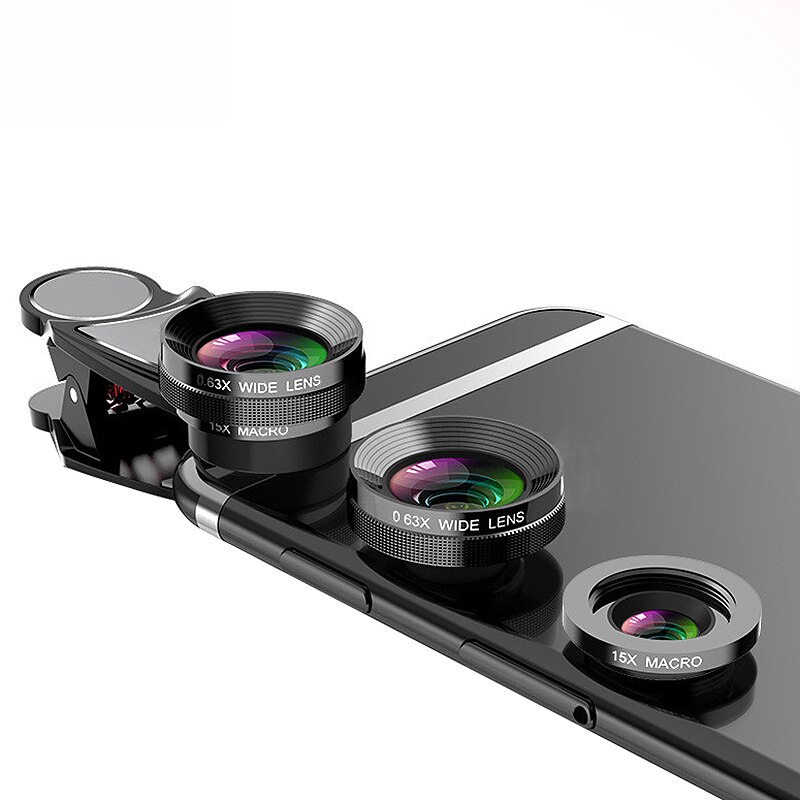 4 en 1 lente de teléfono 0.63X gran angular Macro ojo de pez teleobjetivo Zoom lente para Samsung S8 S9 Plus Kit de lente de cámara de teléfono