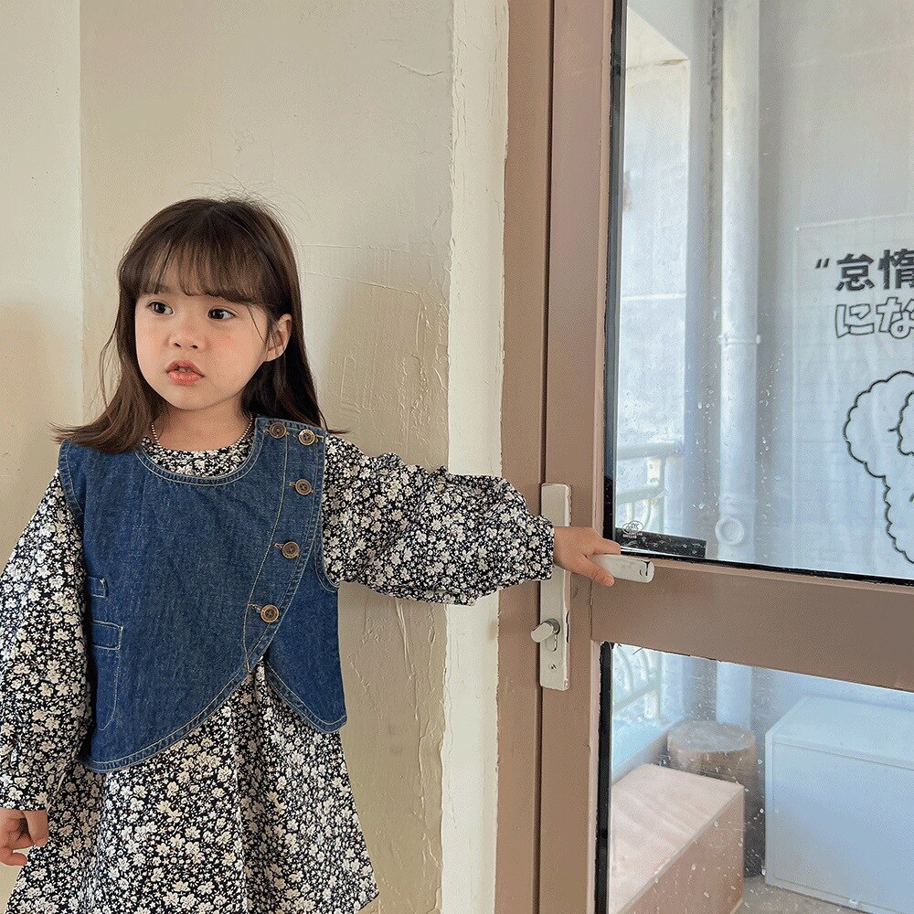 2022 wiosna nowa dziewczyna kamizelka dżinsowa dziewczynka bez rękawów dżinsowa sweter rozpinany zwykły dzieci księżniczka sukienka kwiatowa modne ubrania dla dziewcząt