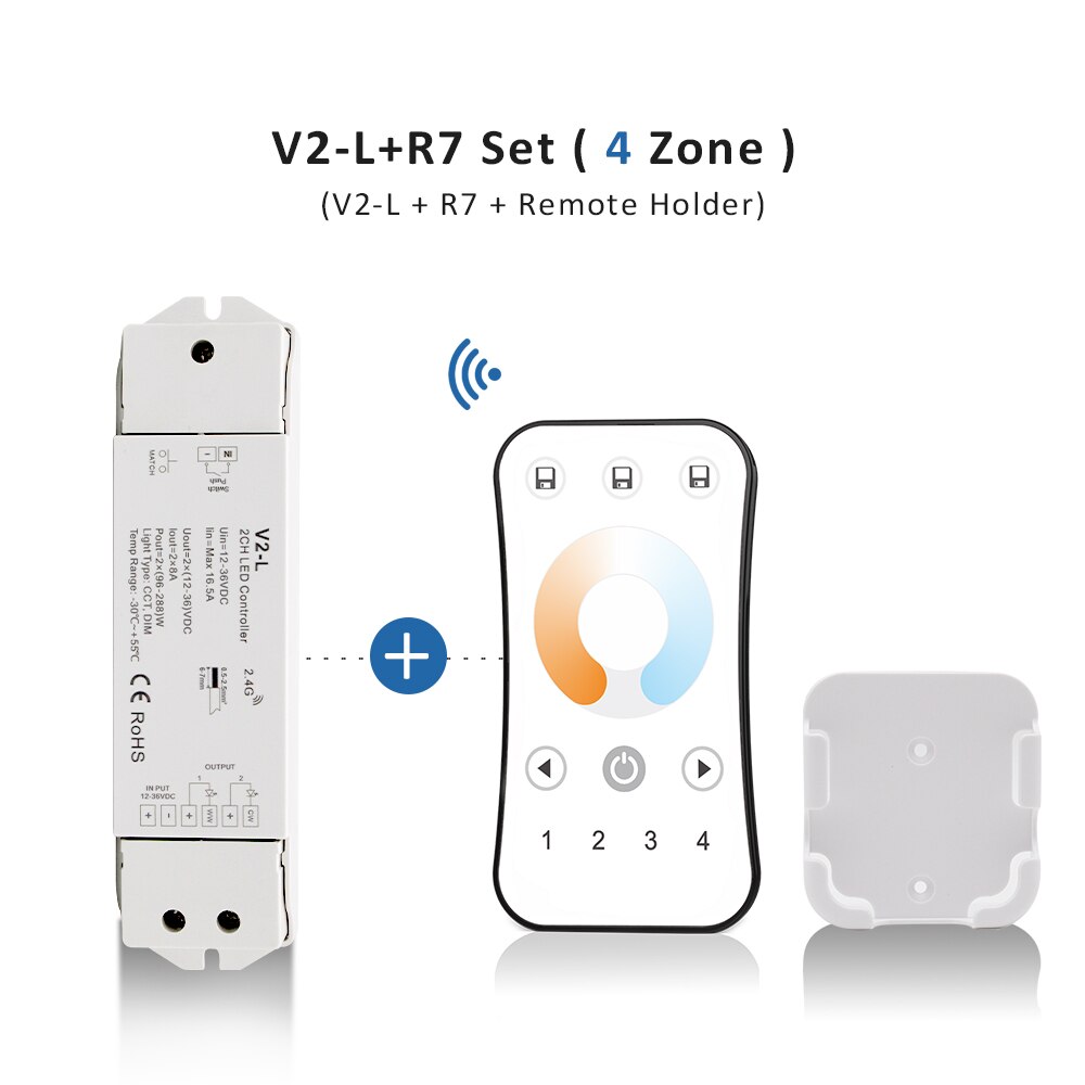 WW CW LED Controller 12V 24V 36V 2CH 16A 2.4G Wireless Remote Control RF LED Dimmer Switch for CCT Daul White LED Strip Light: V2-L and R7 Set