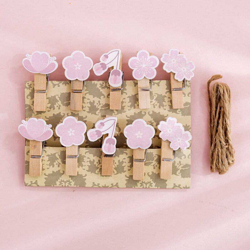 Clips de madera Natural de cuerda de cáñamo para decoración de pared, Clips para fotos, pinzas para ropa, manualidades, 10 paquetes: Cherry Blossom