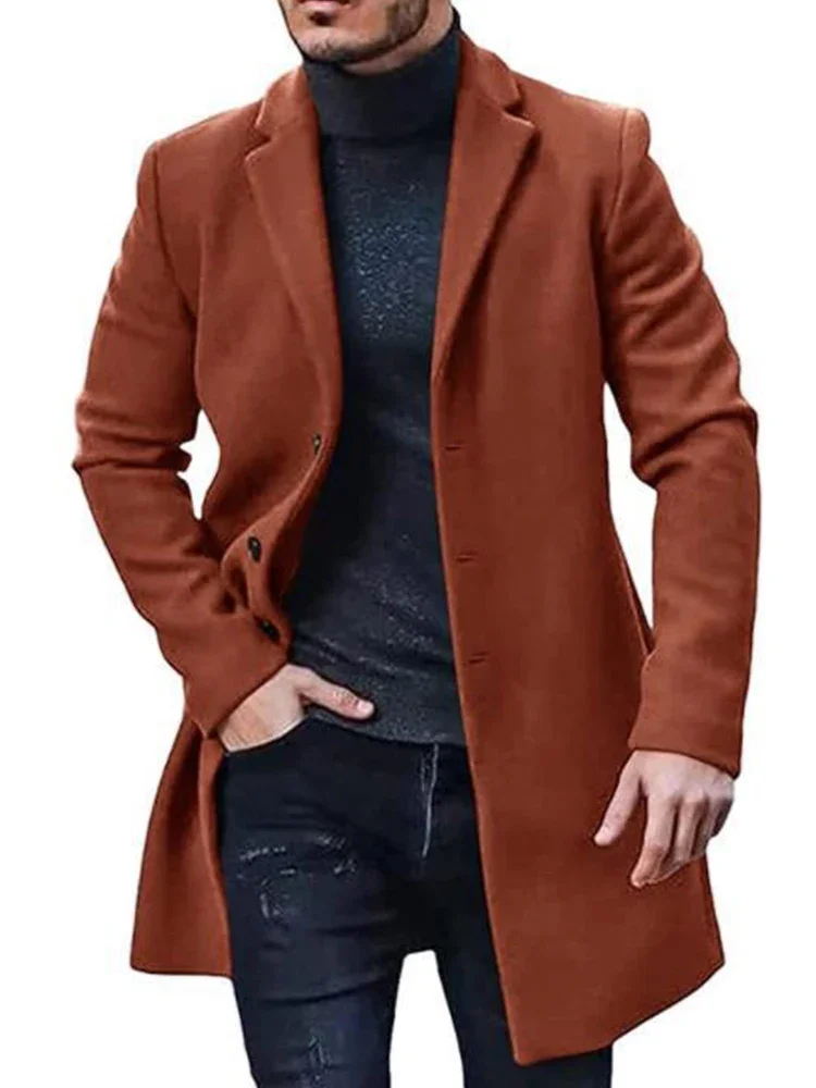 Men's Spring Autumn Mid length Cotton Coat Wool Blended Solid Color Casual Business Slim Fit Windproof Jacket