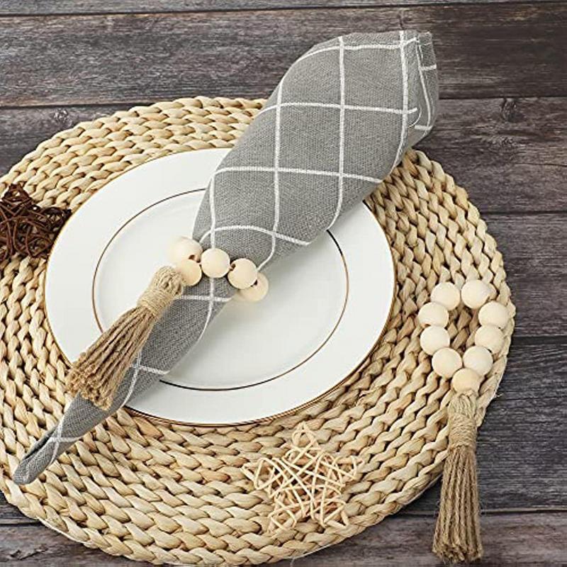 1/12PCS Wood Bead Napkin Rings Garland With Tassels Farmhouse Beads Rustic Country Table Napkin Holder Weddings Home Boho Decor