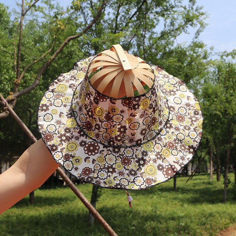 Sombrero de bambú con abanico de mano plegable, 2 en 1, portátil, estampado Floral, para viajes al aire libre, playa, vacaciones, verano,: a5
