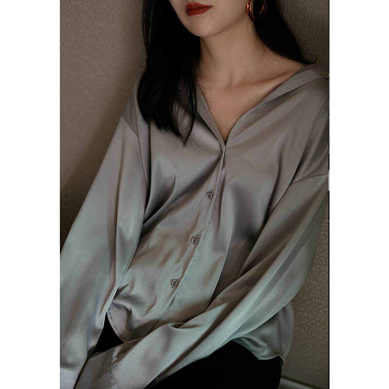 Aecu dam blusar långärmad retro turn down krage blus siden satin lös skjorta dam randig tunika plus size: Grå / Xl