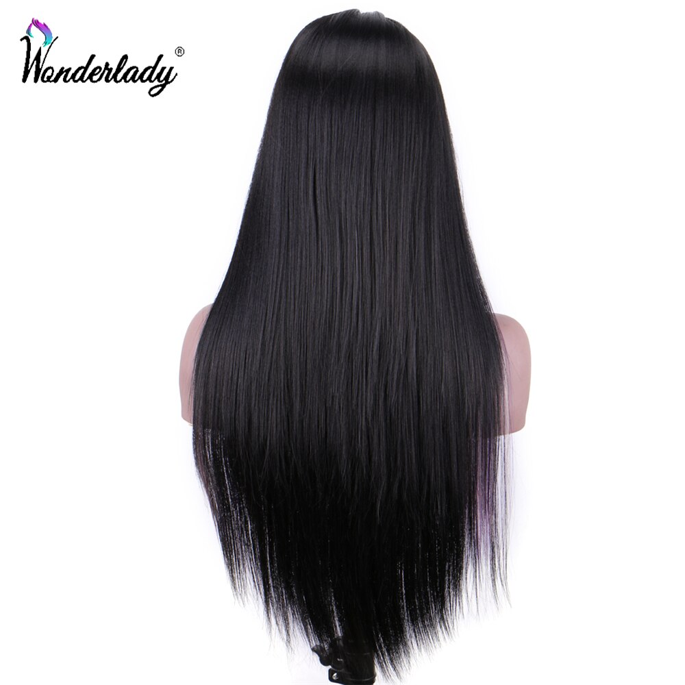 WonderLady-peluca larga sintética de encaje frontal para mujer, color negro, marrón, 26 pulgadas, Yaki, mechones de pelo azul y morado dentro de la peluca