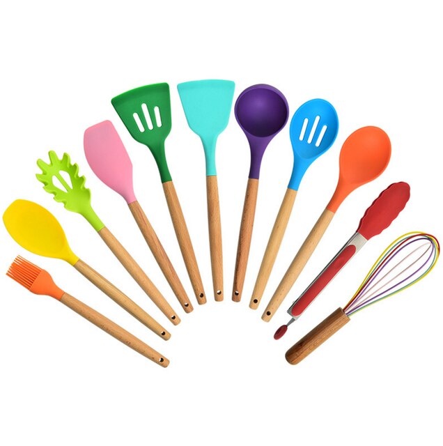 Ustensiles de cuisine en silicone, manche en bois, pelle antiadhésive, cuillère, ustensiles de cuisine, nouvelle couleur, ensemble d'ustensiles de cuisine: 11 pcs