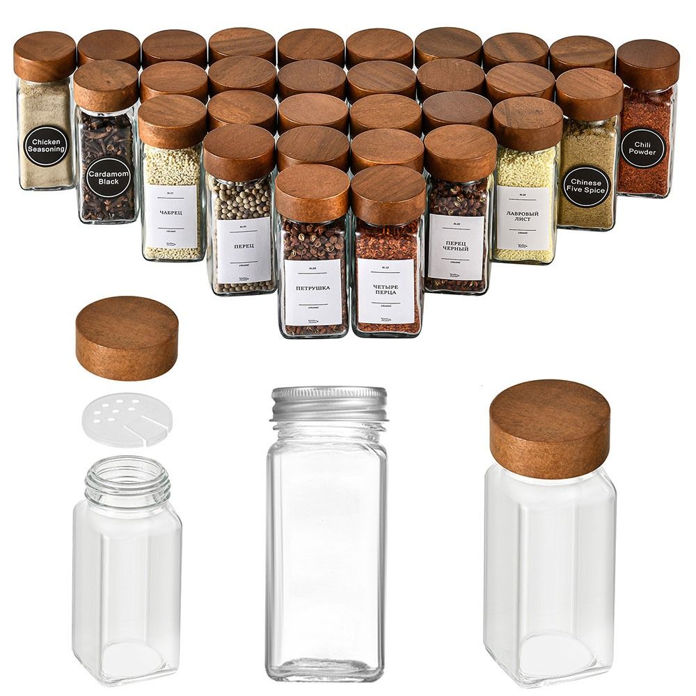Botellas dispensadoras de vidrio selladas, frascos de especias, herramienta de almacenamiento, tanque de almacenamiento transparente, tarro de sellado de almacenamiento de alimentos con tapas de madera de Acacia