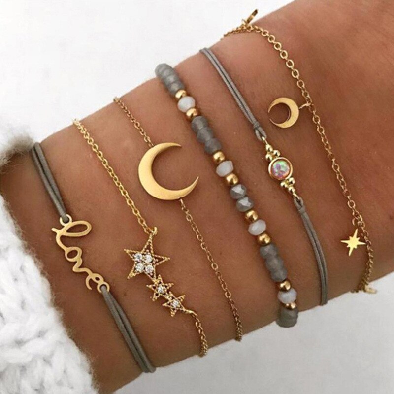 6 Stks/set Boho Moon Star Touw Ketting Armband Set Crystal Bead Brief Liefde Verstelbare Armbanden Voor Vrouwen sieraden