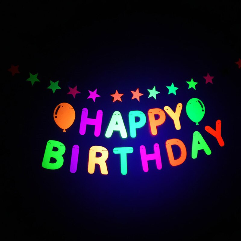 1set Glow In The Dark Party Happy Birthday Paper Garland Banner Neon Birthday Fluorescent Blacklight UV