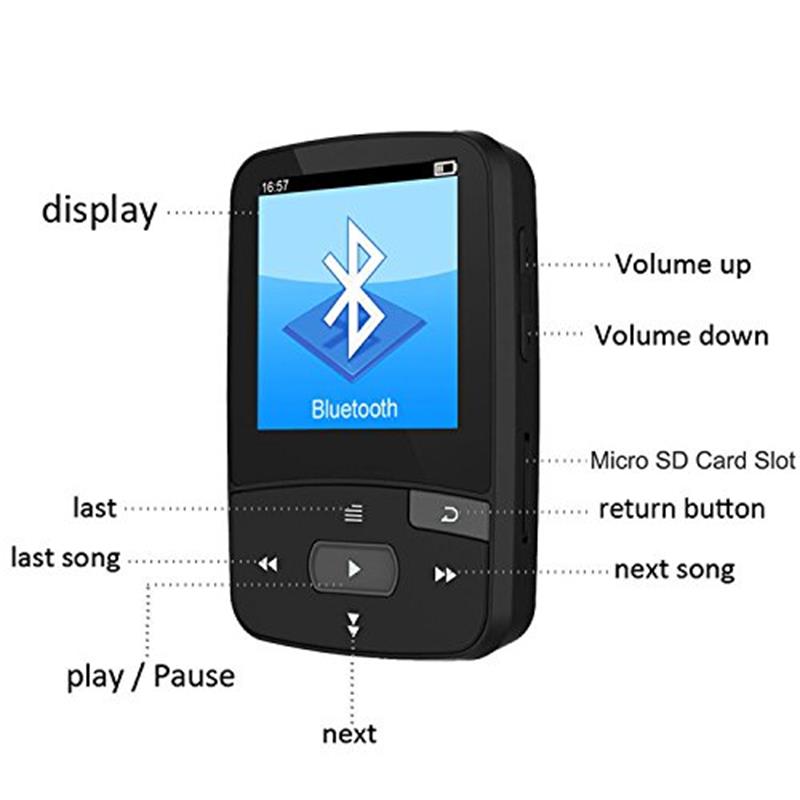 Clip Bluetooth MP3 Speler 8gb met Scherm Sport Muziekspeler Ondersteuning FM Radio, Opname, stappenteller + Gratis Armband