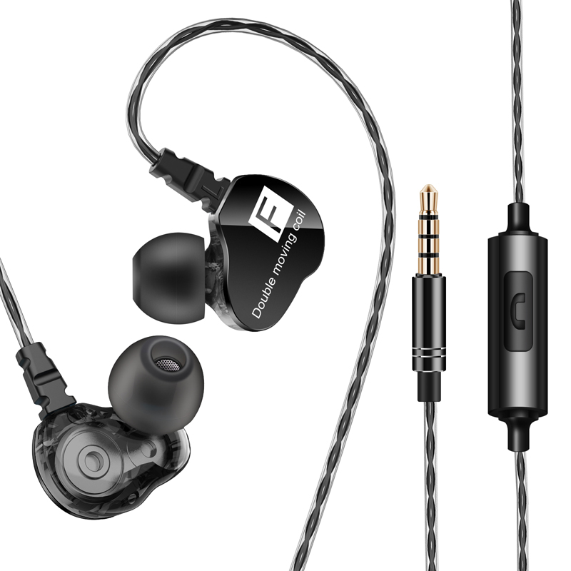 Fonge f4 com fio fone de ouvido baixo pesado dupla driver estéreo fones de ouvido de alta fidelidade esporte música earbud com microfone para smartphone accessoris: black