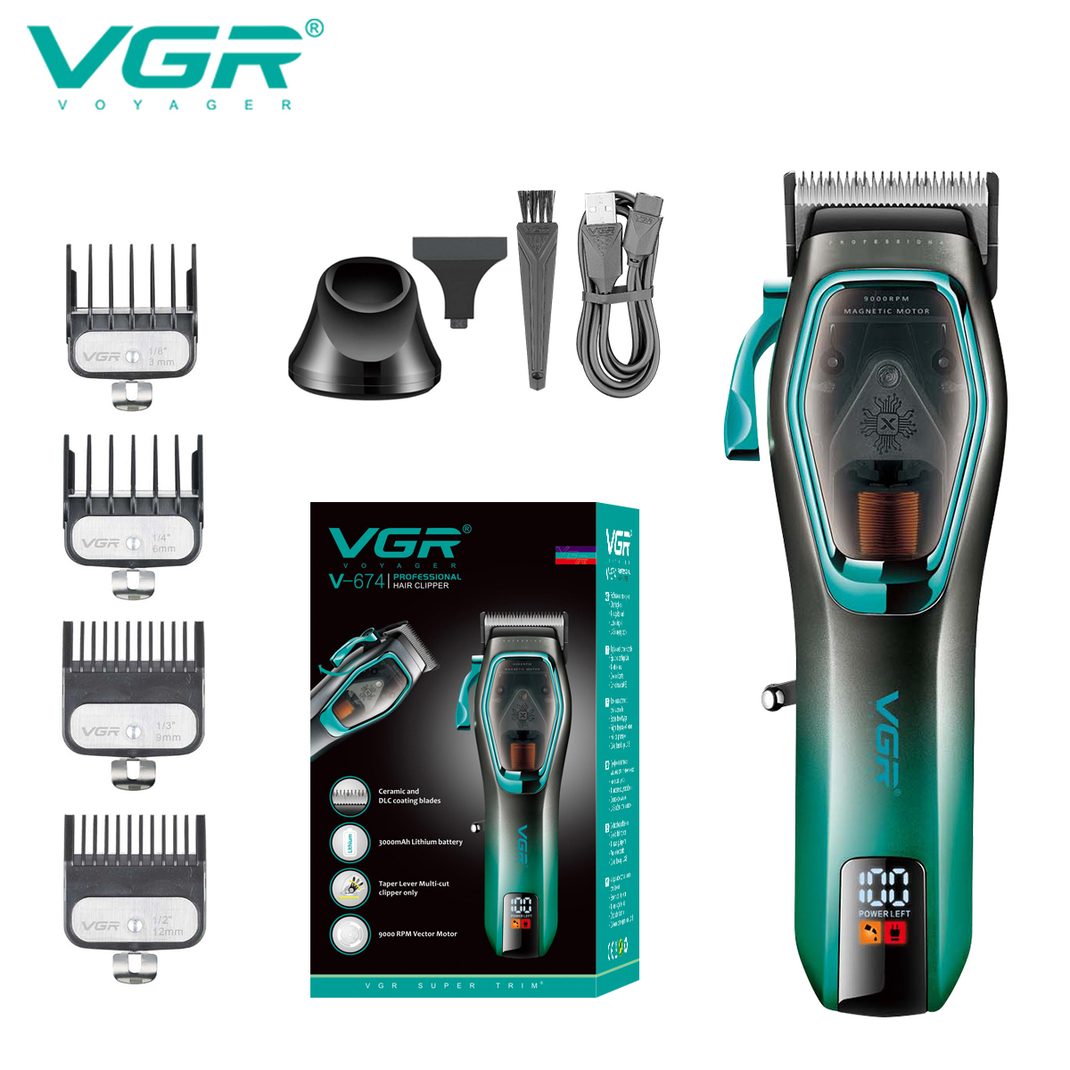 Vgr hårklipper hårtrimmer 9000 o/min hårklippemaskin justerbar barber hårklipp led trimmer for menn v -674: Grønn