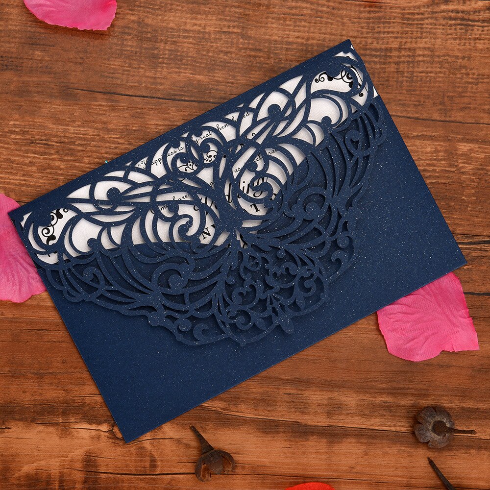 10Pcs Pearl Paper Invitation Cards Delicate Carved Floral Pattern Invitation Cards Blue Card For Wedding Engagement Anniversary