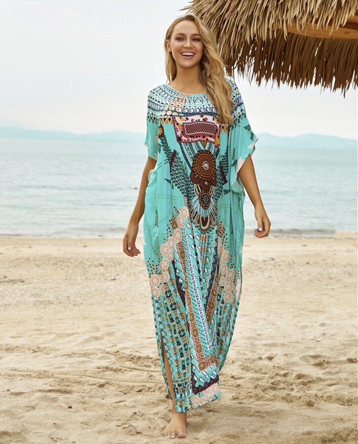 Bohemian bedrukte kaftan katoenen tuniek strandbedekking saida de praia dames strandkleding bikini bedekking robe de plage sarong