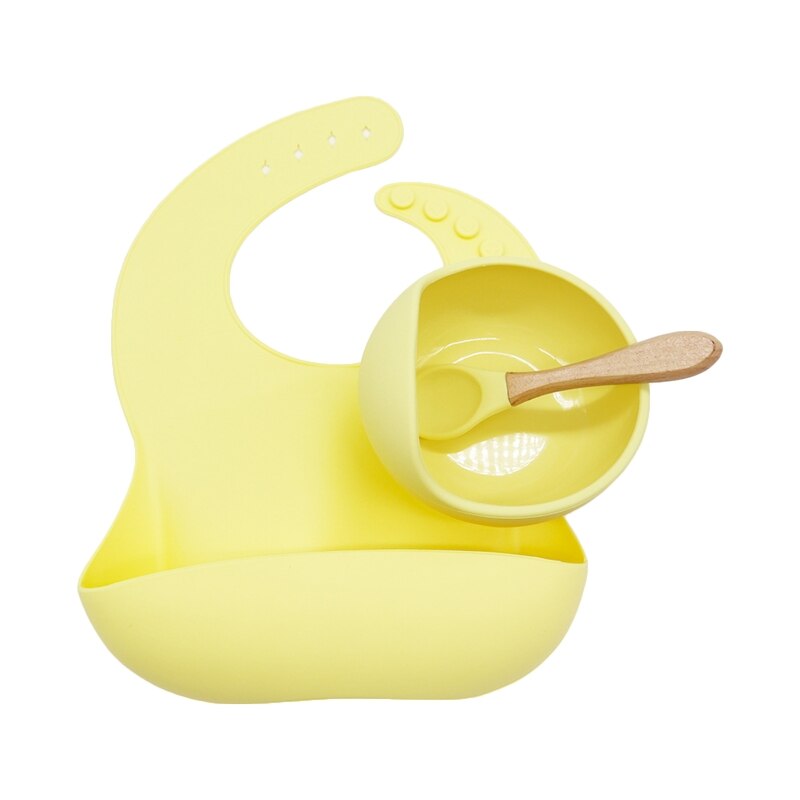 3 Pcs Baby Newborn Bibs+Suction Dish Bowl Plate+Spoon Set Feeding Tableware Kit Q1FE: YELLOW