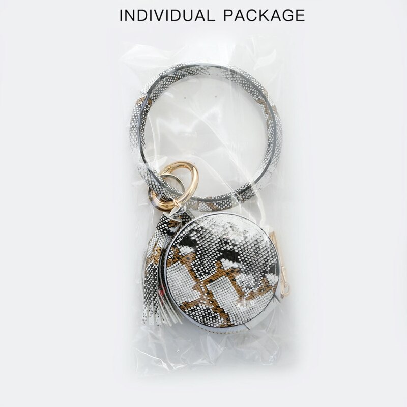 Vrouwen Oordopjes Sleutelhanger Armband Tas Lederen Polsbandje Cirkel Sleutelhanger Bangle Koptelefoon Kwastje Mini Portemonnee Met Make-Up Spiegel