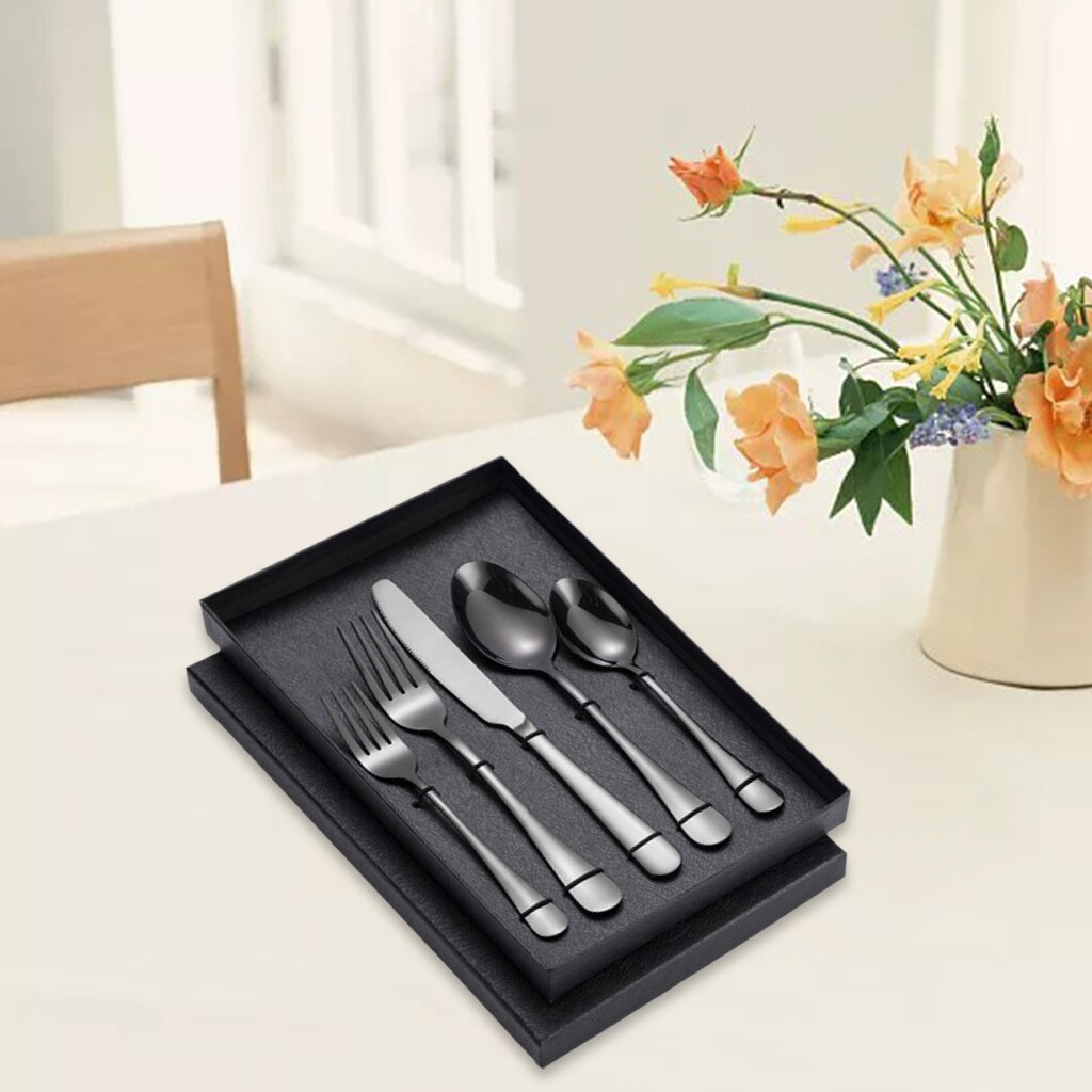 5Pcs Travel Stainless Steel Flatware Reusable Eating Tableware Picnic Cutlery Service Dinnerware Dinner Utensils Set: Black