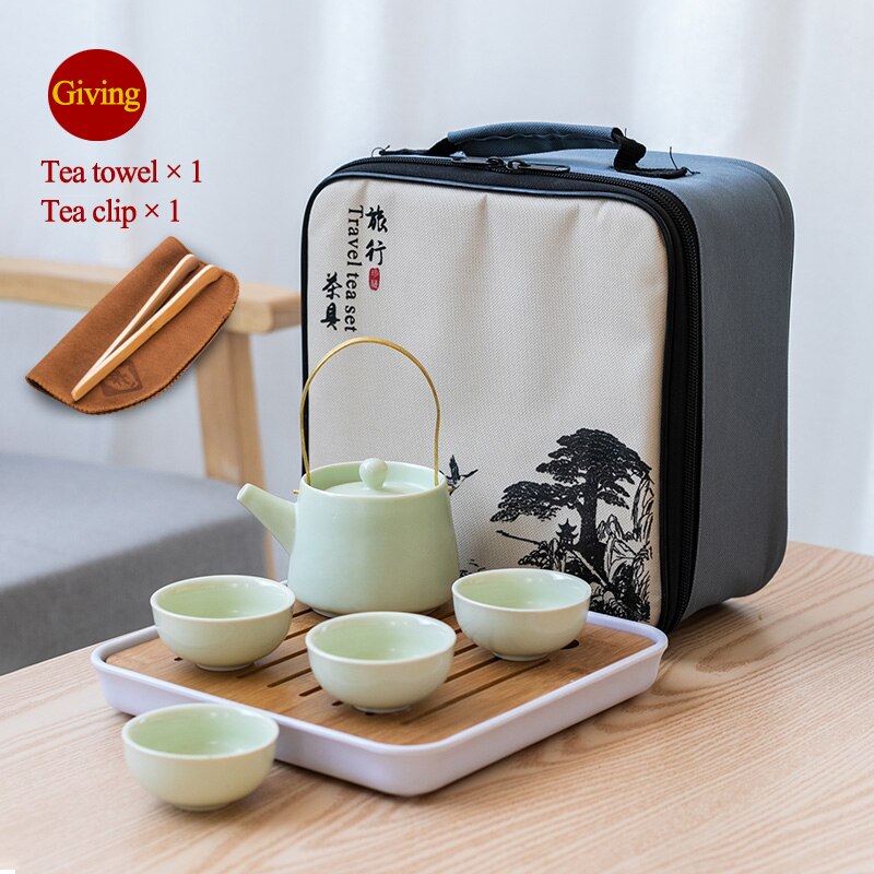 Portable Chinese Travel Kung Fu Tea Set Ceramic Teapot Porcelain Teaset Gaiwan Tea Cups of Tea Ceremony Tea Pot With Travel Bag: E-Green