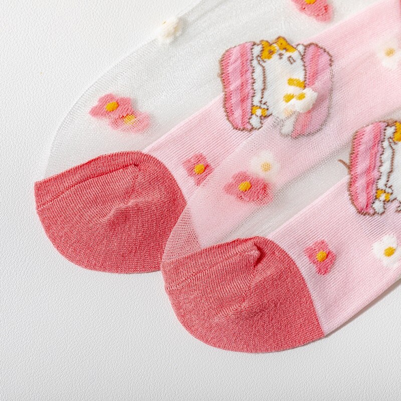 Calcetines transparentes de corte bajo para mujer, medias suaves finas y transpirables de dibujos animados, de Color caramelo, 5 pares