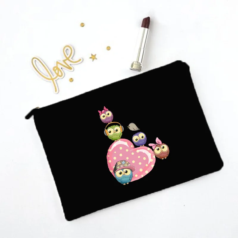 Sac de maquillage imprimé hibou de dessin animé, nécessaire de voyage, pochette de rangement de toilette pour femmes, sacs à cosmétiques en toile à fermeture éclair, meilleur: Gris foncé