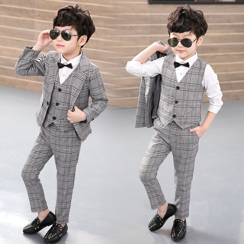 Pak voor Jongen Plaid Pak 3 Stuks Jongen Kind Bruiloft Controles Kinderen Past Formele Kleding Pak Kids 3 pcs (Blazers + Vest + Broek)