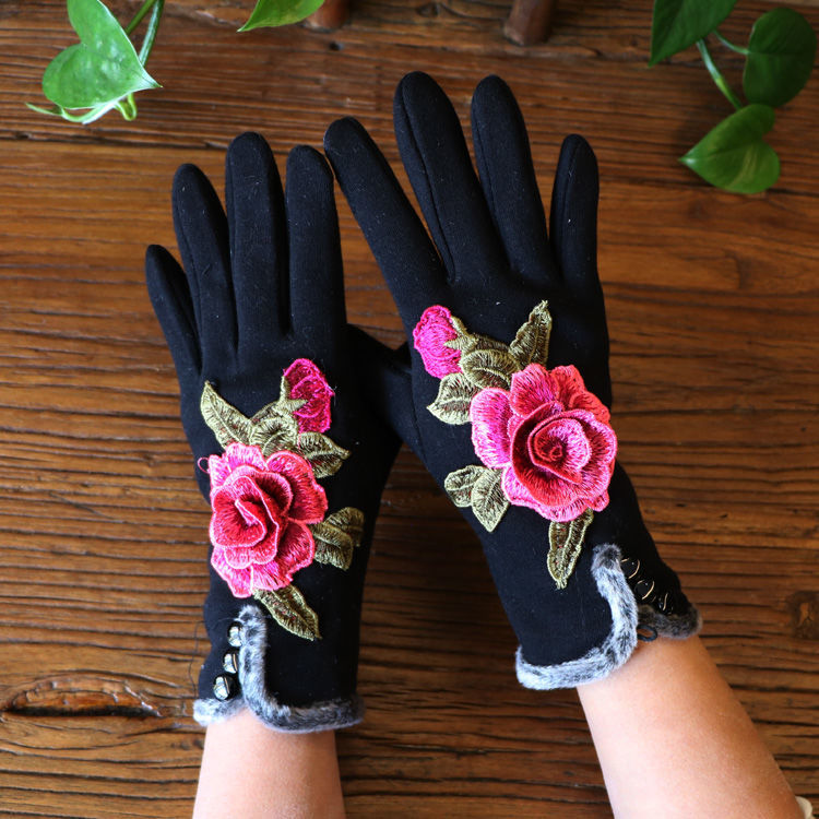 Punk Cotton Driving Fingerless Gloves For Women Gloves Winter Touch Screen Flowers Embroidery Gloves Autumn Winter: Black Type3