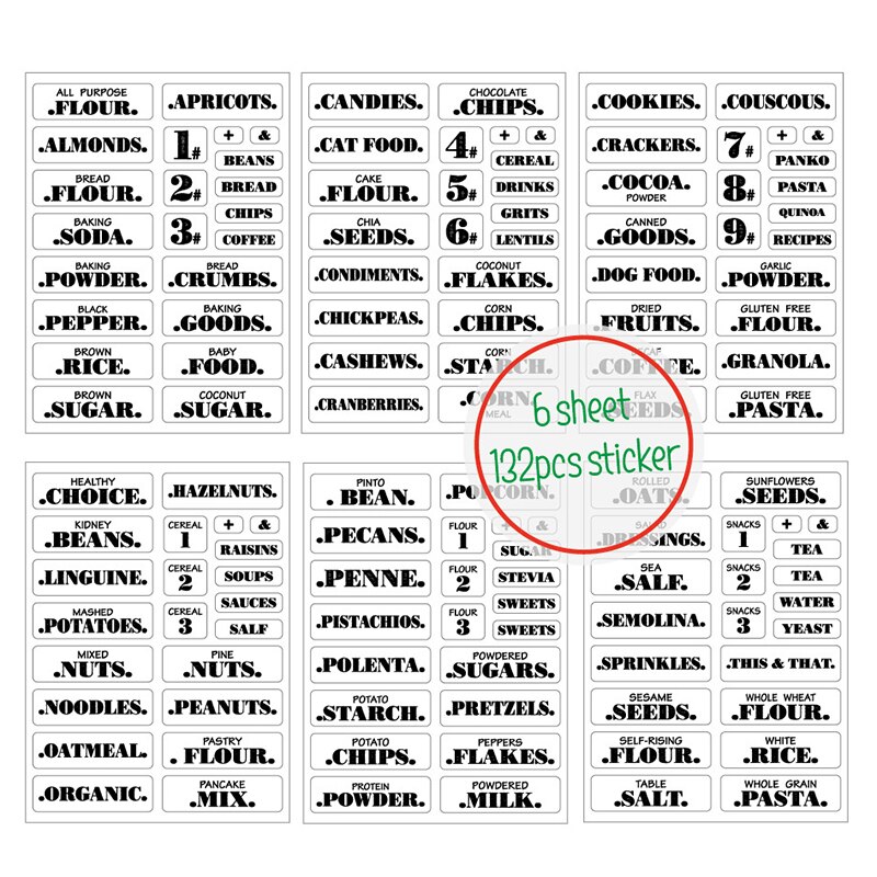 Farmhouse Pantry Labels 6 Sheets Transparent Waterproof Pantry Stickers Food Jar Labels for Pantry Organization GQ