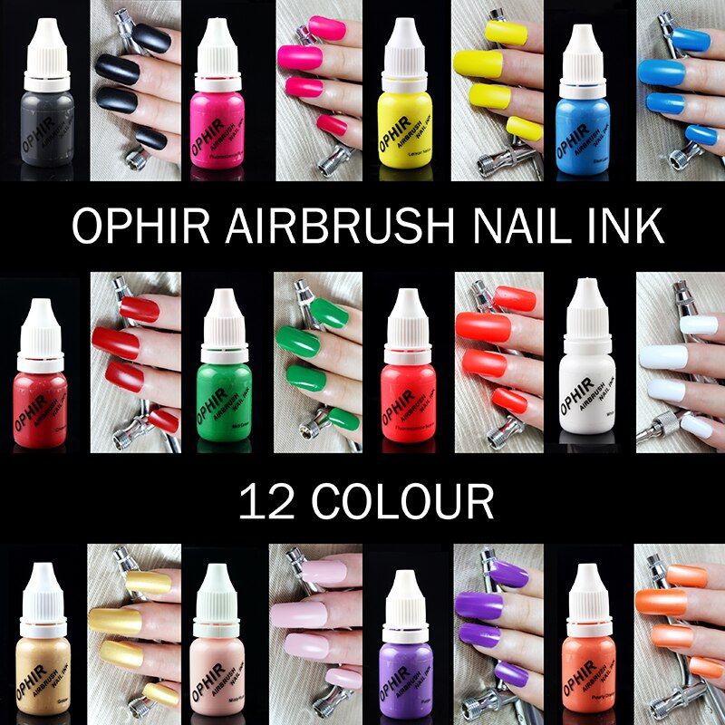 Ophir 12 Kleuren Airbrush Nail Art Inkten Airbrush Nail Pigmenten Voor Nail Stencils Schilderij 10Ml/Fles Nail Gereedschap _ TA098(1-12)