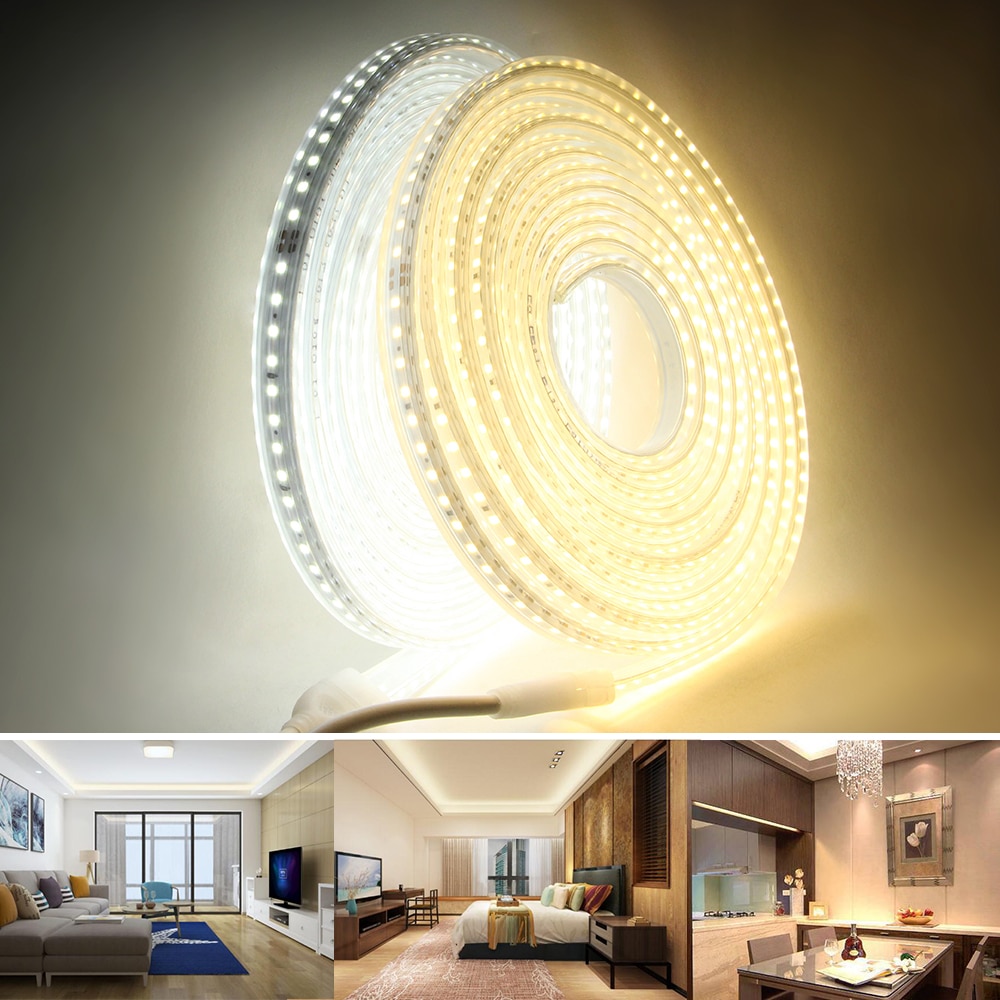 Tira de luces LED 220V 2835 tira de led impermeable alto brillo 120LEDs/m cocina Flexible luz LED de jardín al aire libre con interruptor