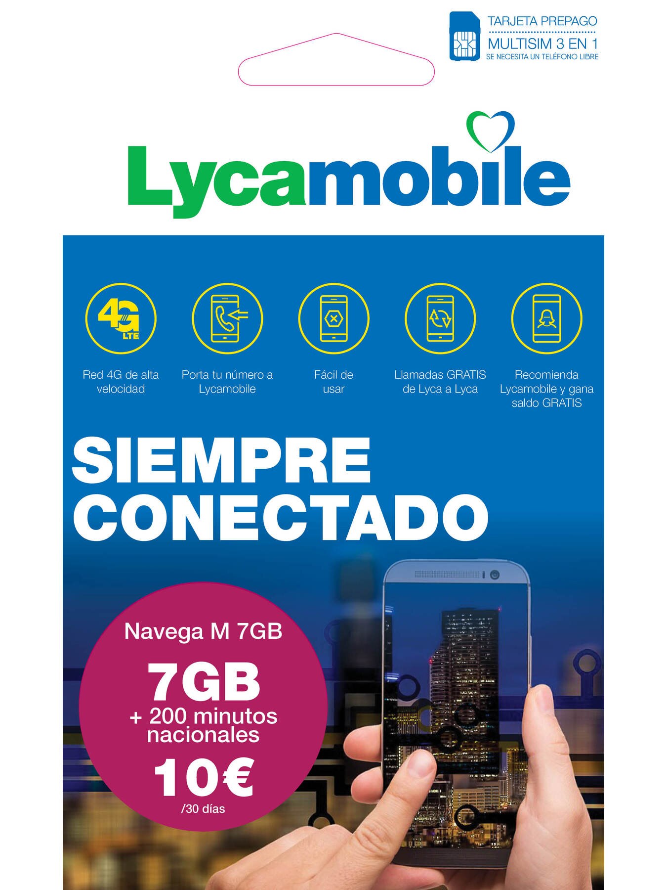 Lycamobile Tarjeta Prepago Multi SIM - Plan Nacional NAVEGA M , Incluye 7 GB de Datos + 150 Minutos en Llamadas , 30 Días