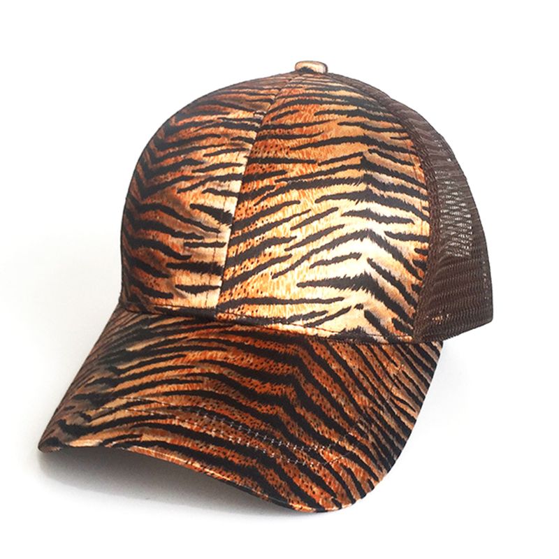 Women Ladies Summer Mesh Back Messy High Bun Ponytail Holder Cap Vintage Leopard Zebra-Stripes Adjustable Snapback Trucker Hat: 7