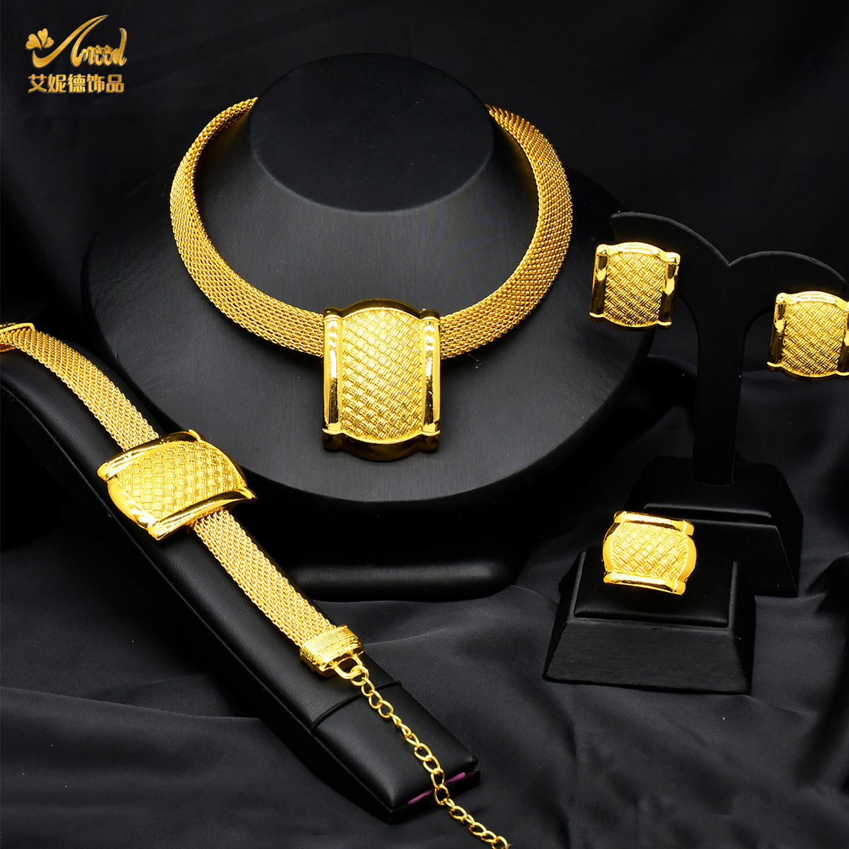 ANIID-Conjunto de joyería africana de Color dorado para mujer, gargantilla india, collar, pendiente, joyería nigeriana chapada en oro de 24K, boda de Dubái: Color amarillo dorado claro