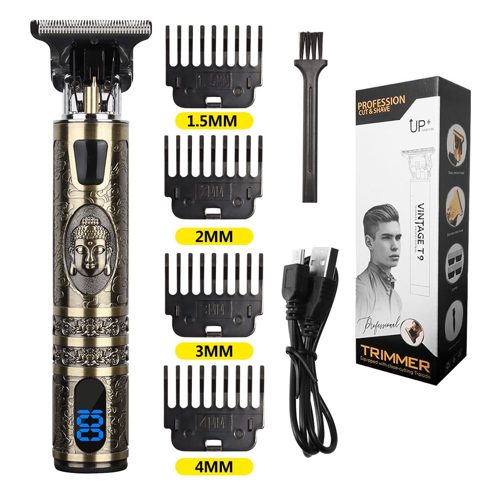 Tondeuse à cheveux électrique Vintage T9 pour hommes, rasoir Rechargeable USB 0mm, tondeuse à barbe professionnelle, salon de coiffure: BuddhaLCD